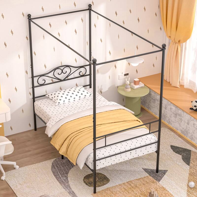 VECELO Twin Canopy Bed Frame with Headboard and Footboard, Metal Four Posters Design, Platform with Steel Slats Support