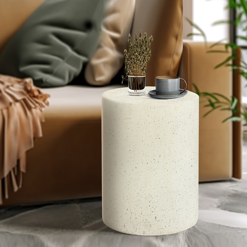 Off White with Speckled Grey Cement Round Indoor Outdoor Side and End Table - 17.91" H x 12.99" Diameter
