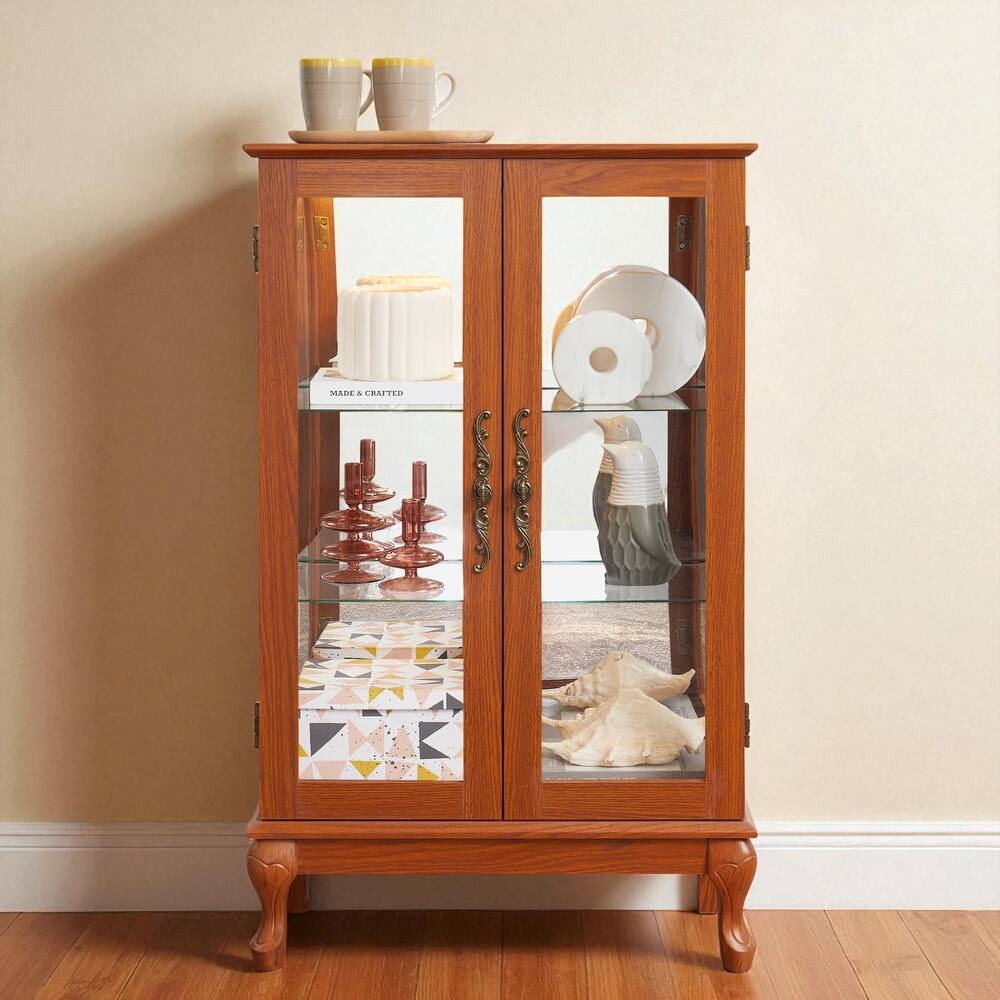 Lighted Curio Cabinet with 2 Glass Doors, Mirrored Back Panel, Adjustable Shelves & Built-in Bulb, Retro Display Cabinet