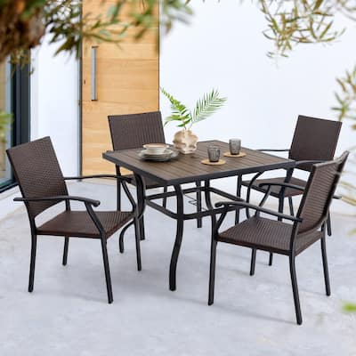 5PCS Patio Wicker Dining Set with Faux Wood Tabletop and Umbrella Hole