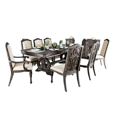 Arca 9pc Dining Table Set with 8 Ivory Fabric Chair, Rustic Solid Wood