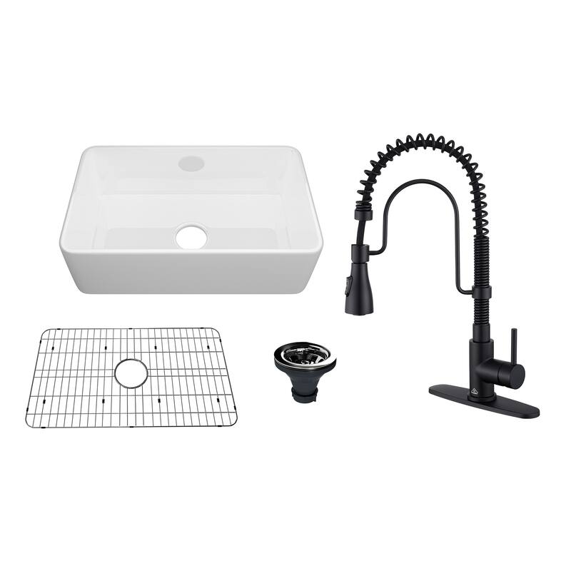 Premium Fireclay Farmhouse/Apron-Front Single Bowl Kitchen Sink with 3-Function Pull-Down Kitchen Faucet Combo - 30" Glossy White Sink+3-Function Pull-Down Faucet - 30 x 18 x 10