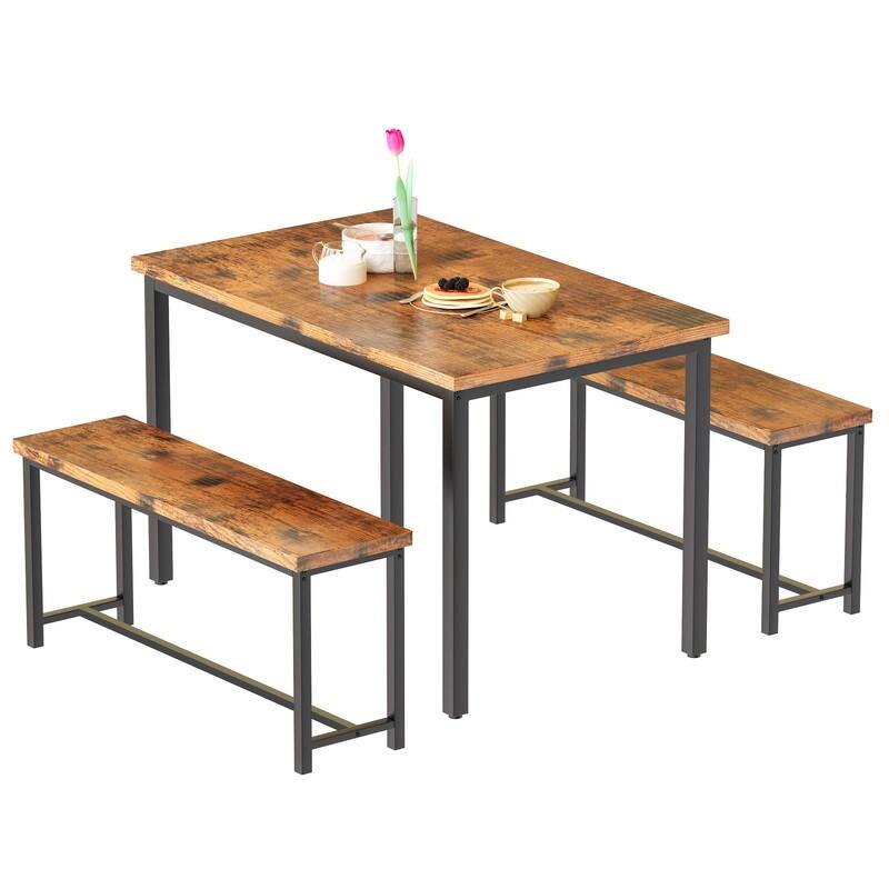 Eureka Industrial 3-piece Dining Set, Modern Kitchen Dining Table with Two Benches for Home, Kitchen, Dining Room, Bar