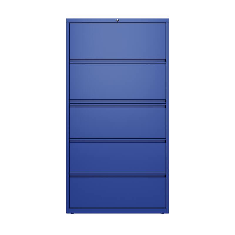 Hirsh 36-in Wide HL10000 Series 5 Drawer Lateral File Cabinet with Posting Shelf and Roll-Out Binder Storage, White - Blue - Legal
