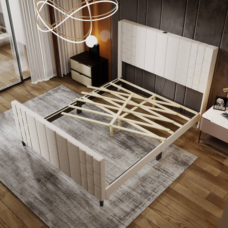 Upholstered Bed Frame with USB Port, Platform Bed with Headboard and Footboard Queen Size