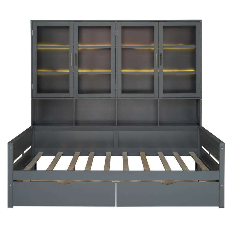 Wooden Daybed with Glass-Door Storage Cabinets, Built-in LED Lighting and Shelves