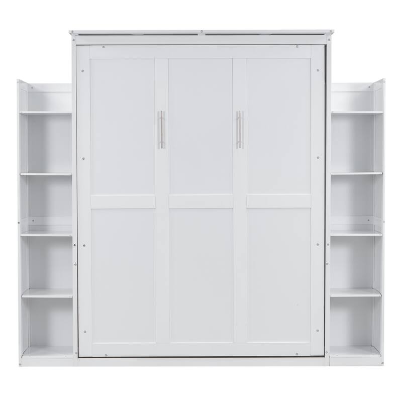 Murphy Bed Frame Foldable Into Wall Cabinet with Bookshelf & LED Light