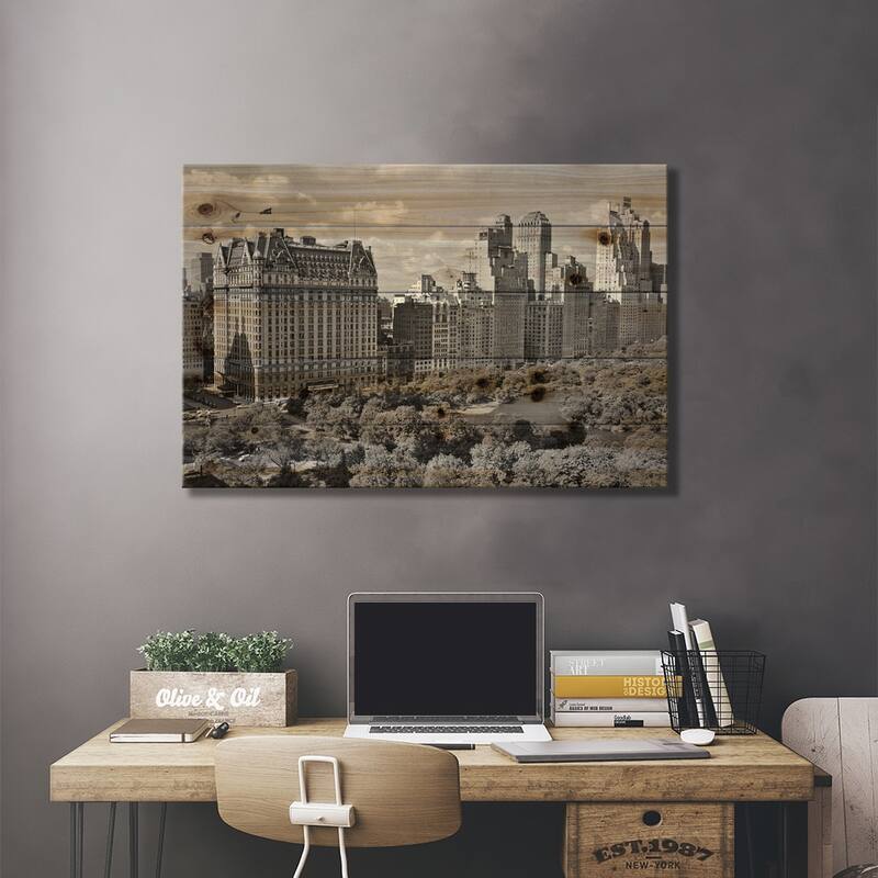 1950s Skyline Of New York City Manhattan 57Th Street Along Central Park Plaza Hotel Print On Wood by Vintage Images