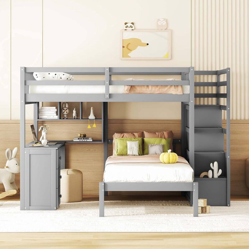 Full Over Twin Bunk Bed with Desk and Drawers - Gray