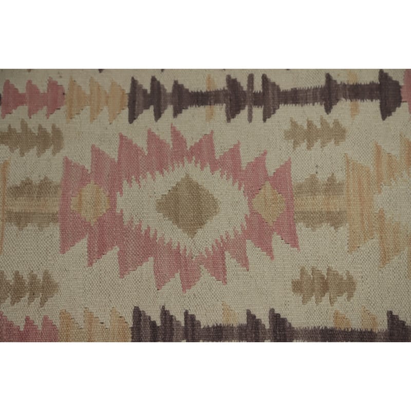 Hand Woven Oriental 100% Wool Carpet Southwestern Tribal Beige & Ivories Kilim Runner Rug - 12' 10'' X 2' 7''
