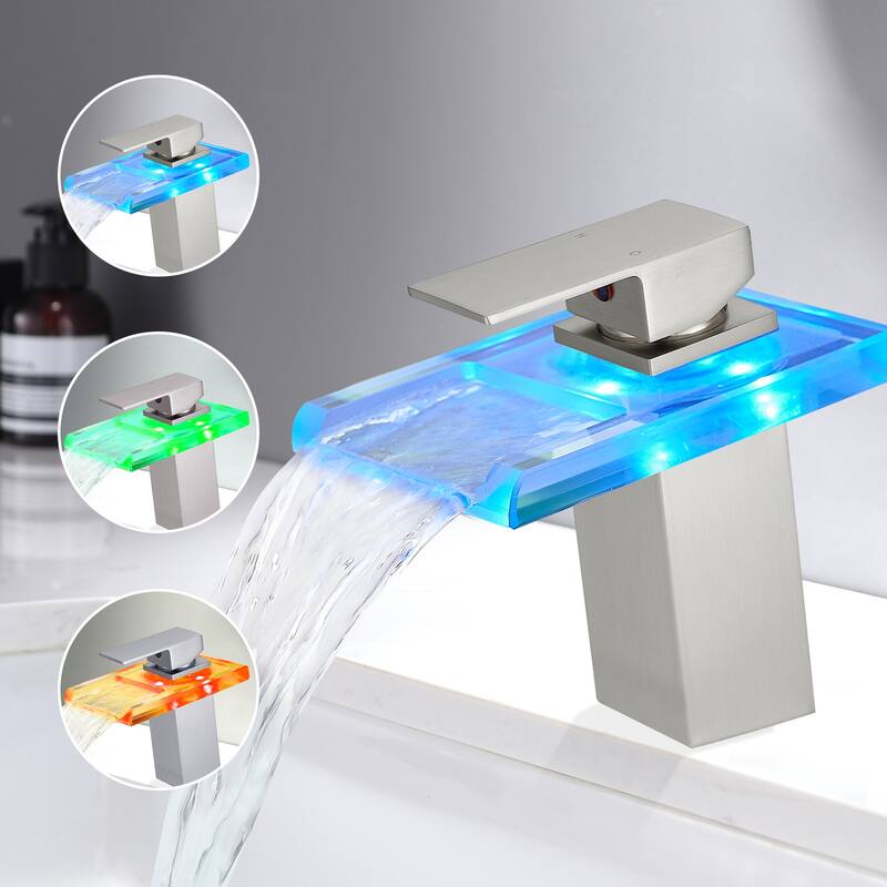 Bathroom Sink Faucet LED Light Changing Waterfall Glass Spout Mixer Single Handle One Hole Deck Mounted Bathroom Faucet