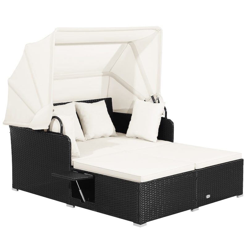 Patio Rattan Daybed Outdoor Loveseat Sofa Set with Retractable Canopy - Off White