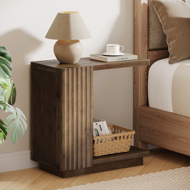 Solid Wood Side Table with Storage Shelf for Small Spaces, C Shaped Sofa End Table