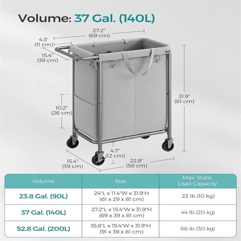 Laundry Basket with Wheels - 27.2"L x 15.4"W x 31.9"H