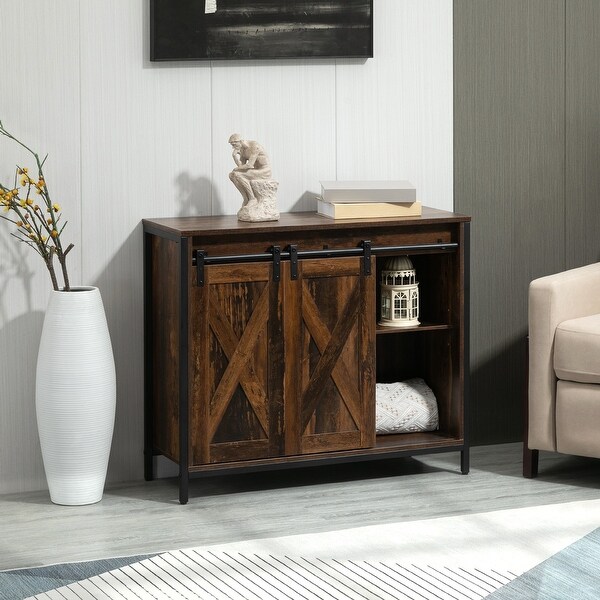 Homcom Industrial Sideboard Buffet Cabinet with Sliding Barn Doors Storage Cabinets and Adjustable Shelves for Living Room Brown