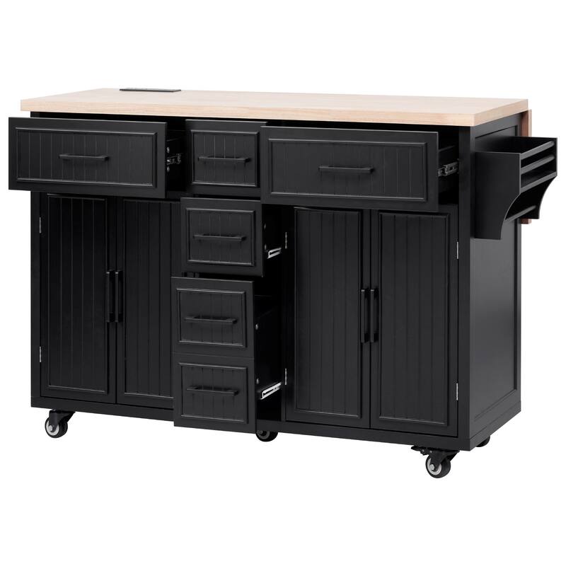 Kitchen Island Embossed Vertical Stripe Rolling Kitchen Cart on Wheels with Drop Leaf,Power Outlet