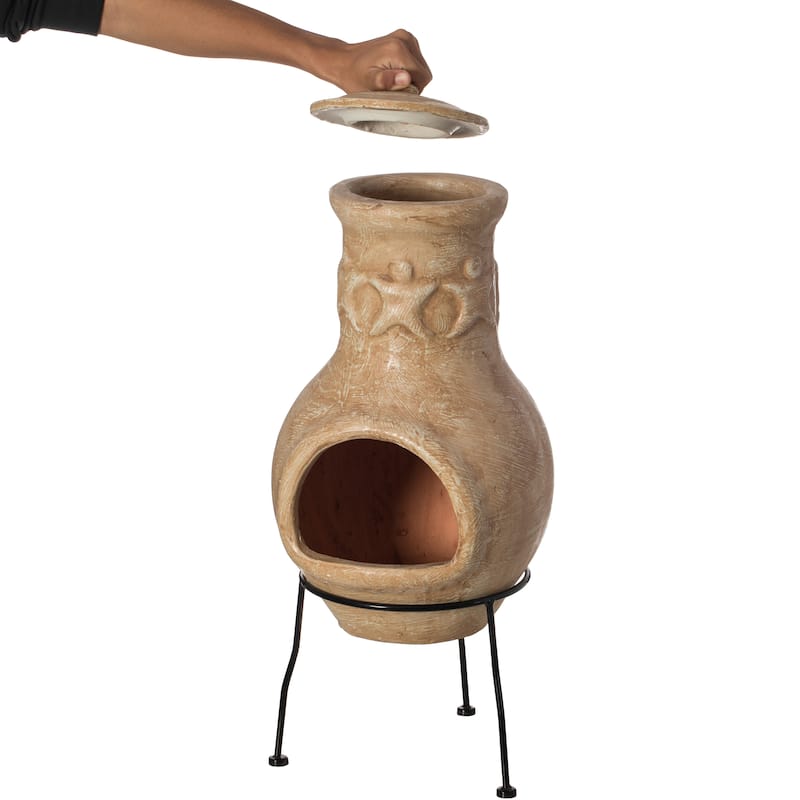 Beige Outdoor Clay Chiminea Fireplace Maya Design Charcoal Burning Fire Pit with Sturdy Metal Stand, Barbecue, Cocktail Party