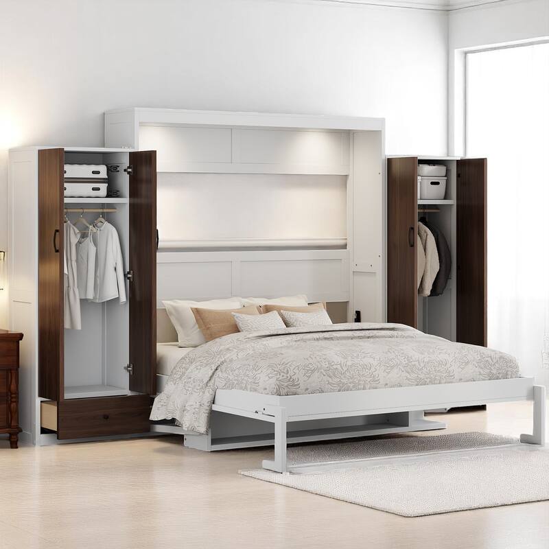 Full/Queen Murphy Wall Bed with Wardrobes, Drawers & Desk, Foldable White Bed with Storage and LED Light - White - Queen