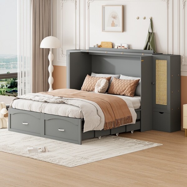 Boho Queen Murphy Bed with Rattan Decoration Side Cabinets Grey Wall Bed Pull out Trundle Bed with Drawers Sockets USB Ports Bed Bath Beyond 41077997