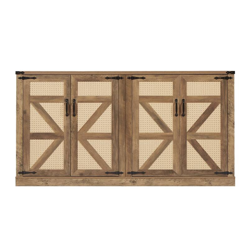Rustic Faux Rattan Sideboard Adjustable Shelves Buffet Cabinet, Living Dining Room Accent Cabinet TV Cabinet Console Table, Oak