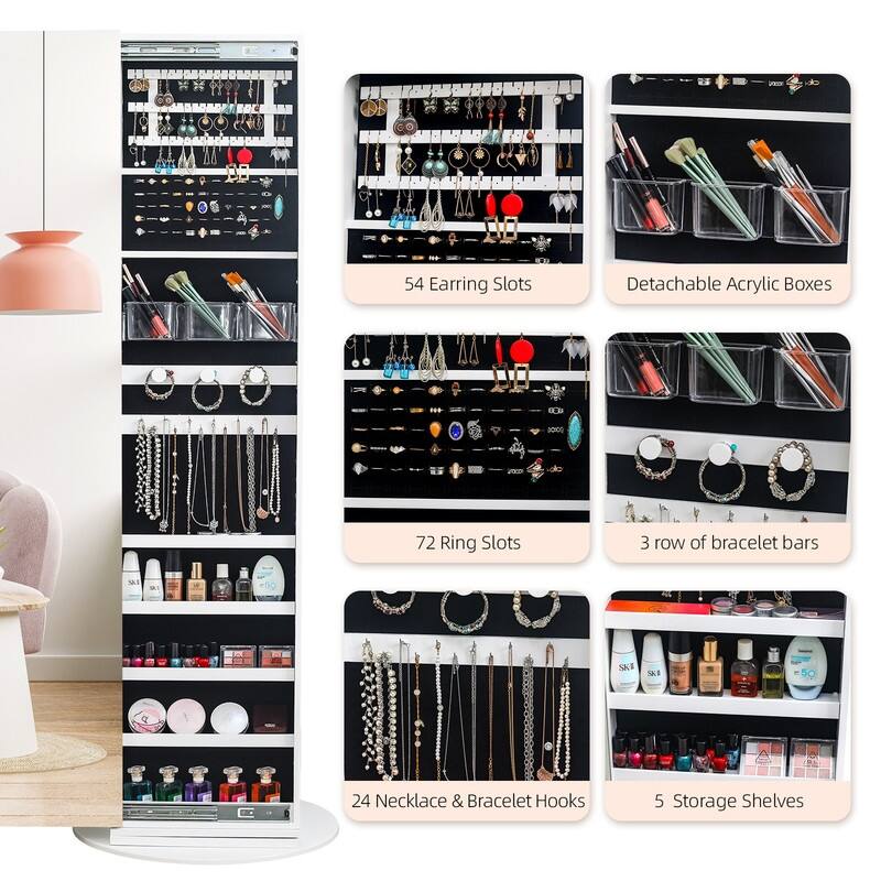 White Mirror Storage Cabinet 5 Shelves Rotatable