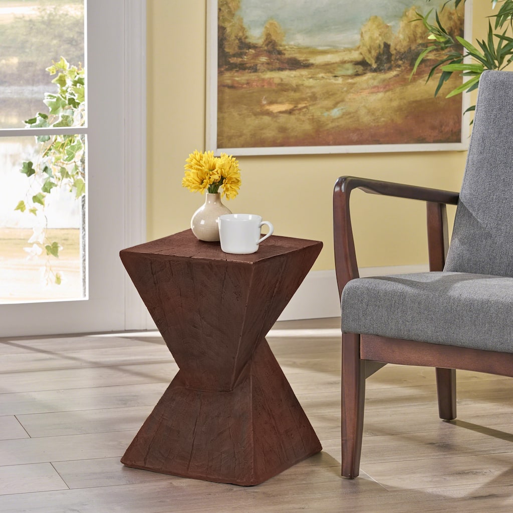 Roomfitters Hourglass MGO Side Table with Wood-Like Texture and Sculpted Angled Base, Modern Indoor Accent Piece