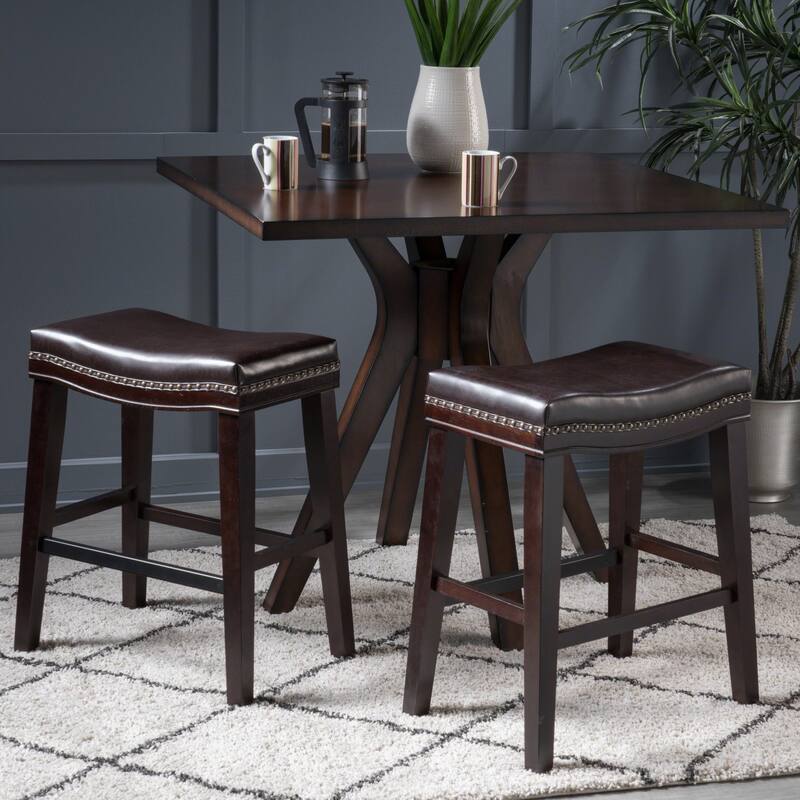26" Contemporary Upholstered Saddle Counter Stool with Nailhead Trim (Set of 2), Dark Brown - Dark Brown