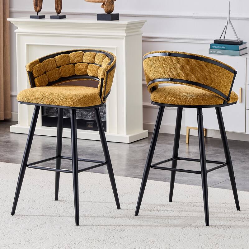 Set of 2 Yellow Velvet Bar Stools with Black Iron Legs, Modern Counter Height Stools