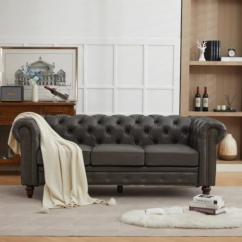 84" PU Leather 3-Seat Sofa with Button Tufted Back & Rolled Arms - 83" W - Dark Grey