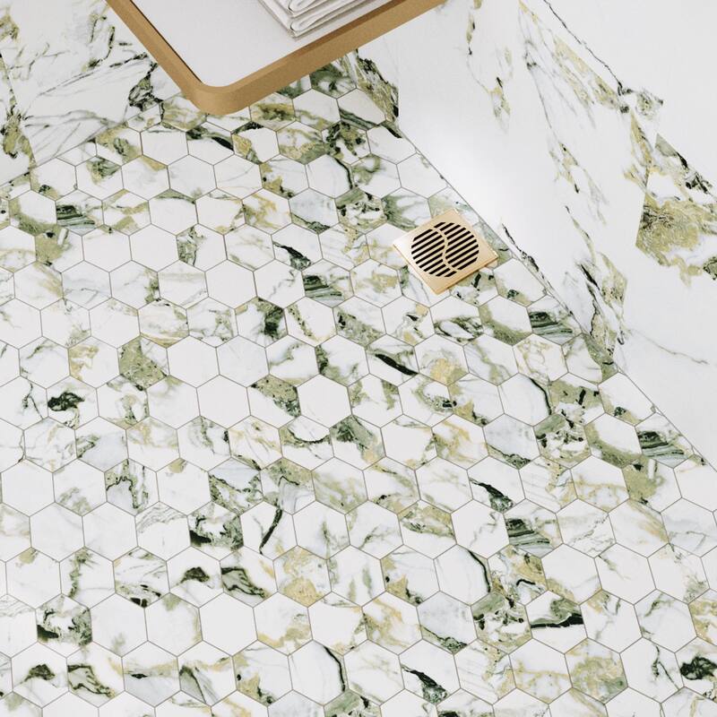 Merola Tile Touche 4" Hex Jade 11-3/4" x 13-5/8" Porcelain Mosaic Floor and Wall Tile - (1 Tile)