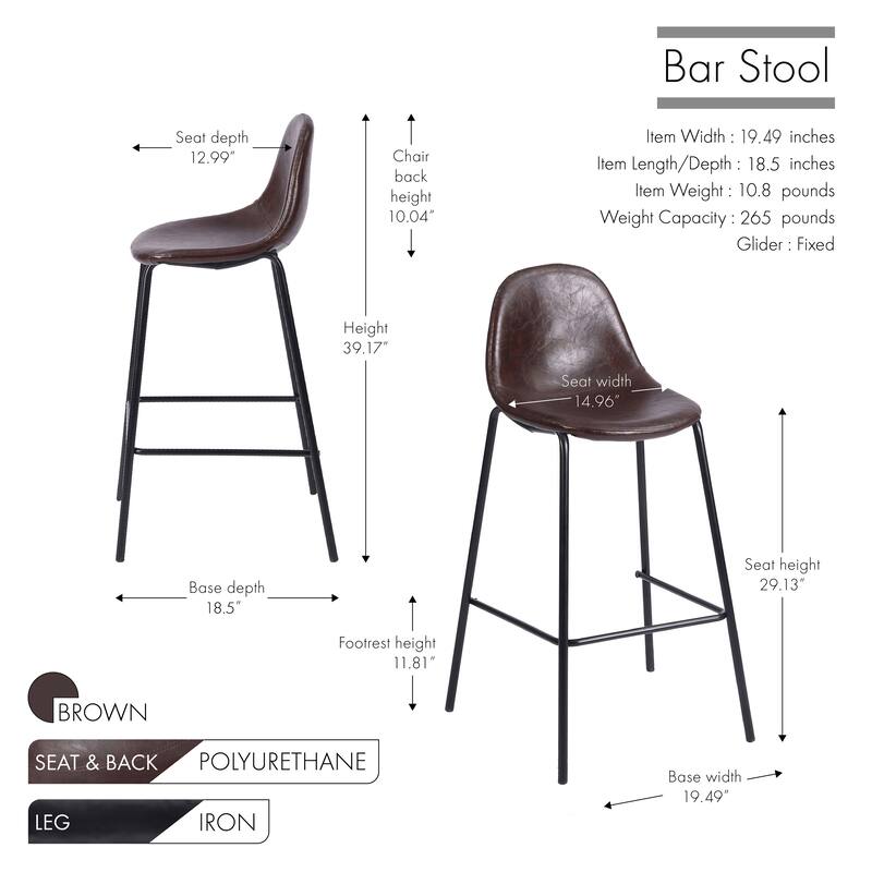 Porthos Home Tuca Bar Stools Set Of 2, PU Leather Upholstery, Iron Legs