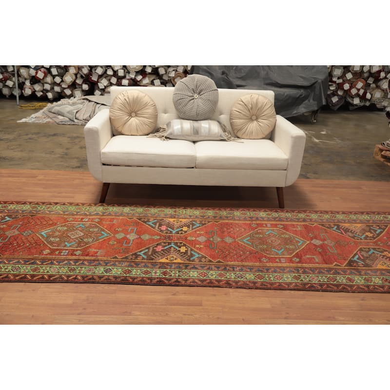 Hand Knotted Oriental 100% Wool Carpet Traditional Tribal Oranges & Rust Heriz Runner Rug - 12' 5'' X 3' 6''