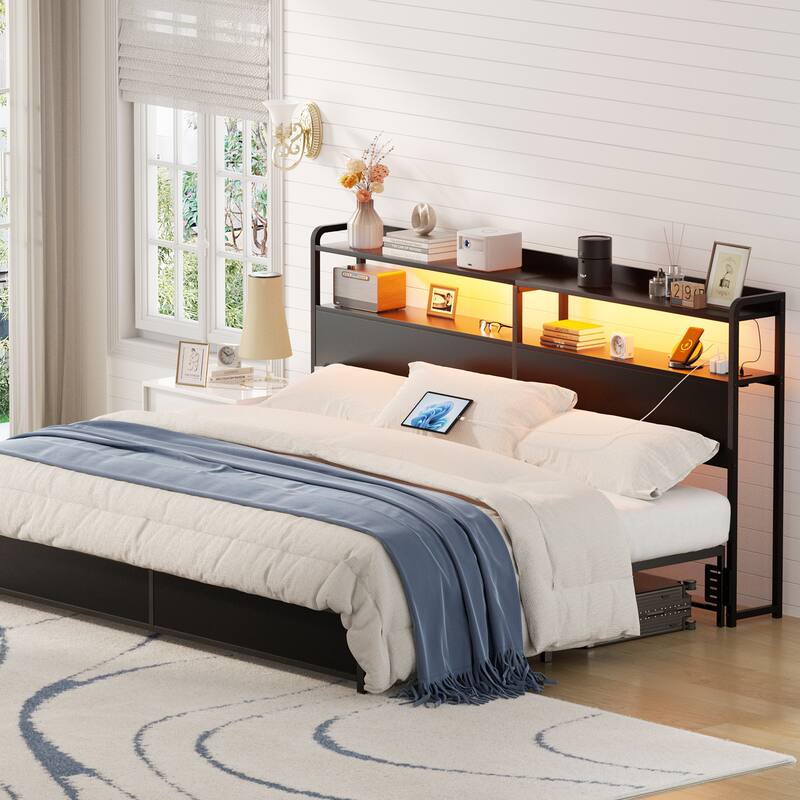 Headboard with Storage Drawers and LED Light, Head Board with Outlets, USB Ports