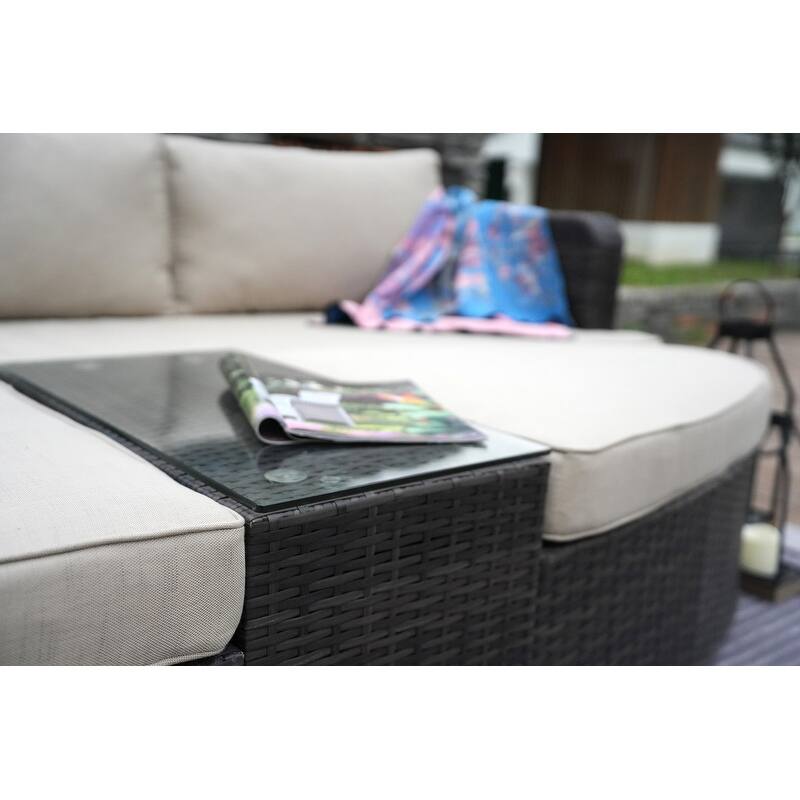 9-piece Patio Wicker Daybed Set with Concrete Fire Pit Table