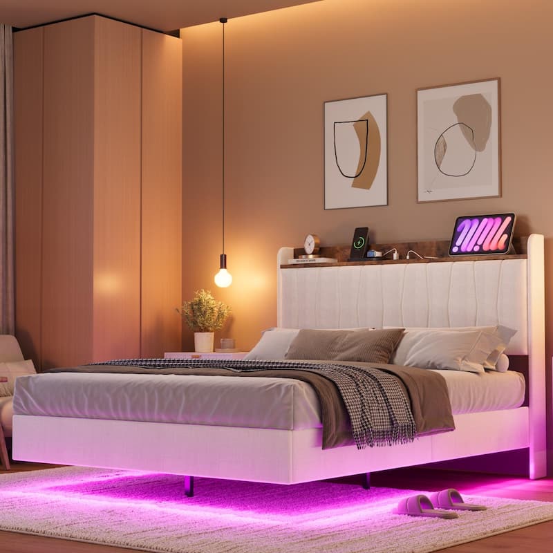 Full/Queen/King Floating Bed Frame with LED Lights & Charging Station, Upholstered Platform Bed with Storage Headboard - King - Beige