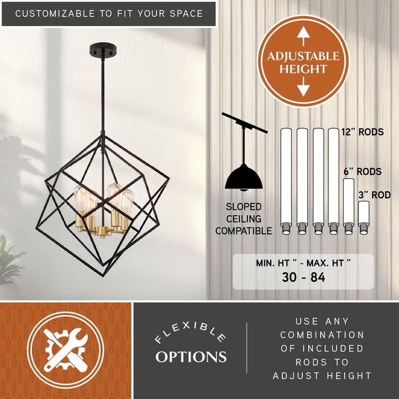 Rad 4 Light Mid-Century Modern Geometric Cage Bulb Pendant