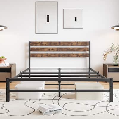 Queen Size Platform Bed Frame with Rustic Vintage Wood Headboard, Strong Metal Slats Support Mattress Foundation