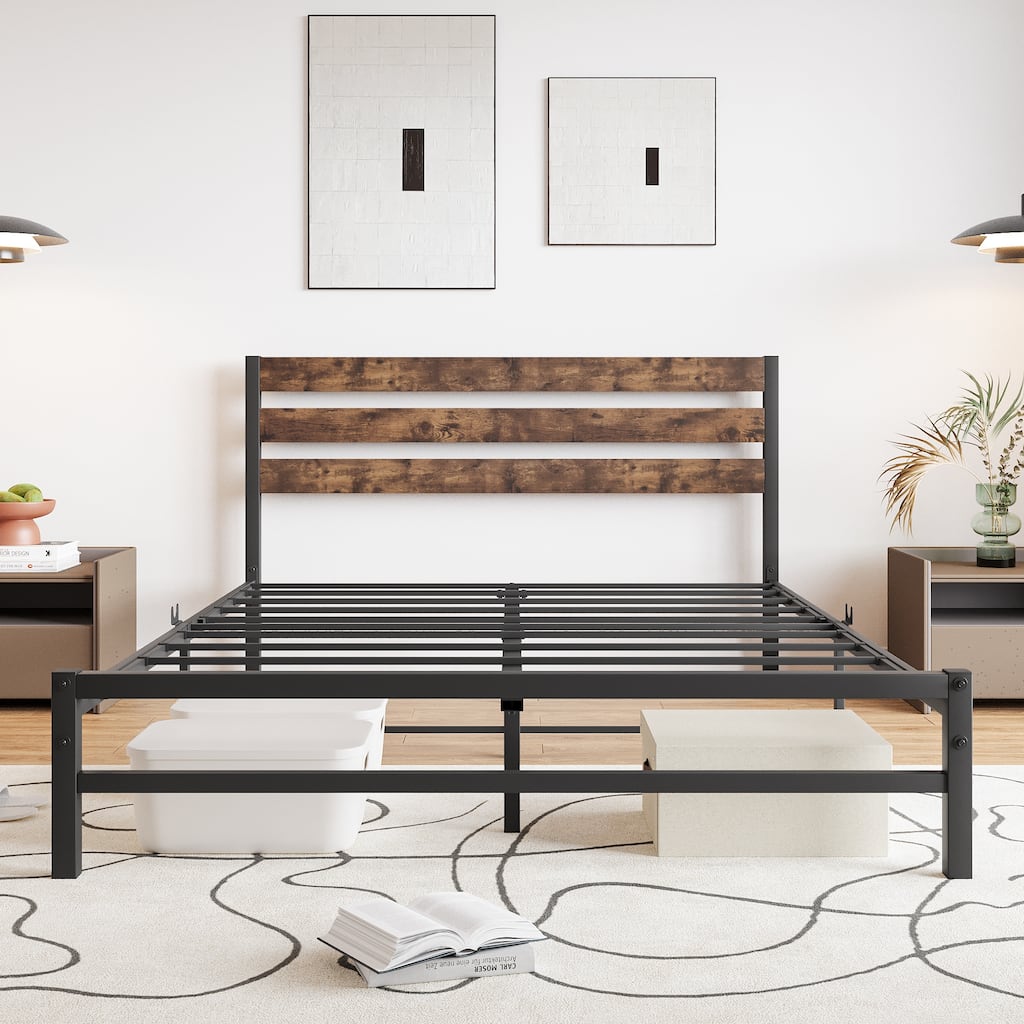 Queen Size Platform Bed Frame with Rustic Vintage Wood Headboard, Strong Metal Slats Support Mattress Foundation