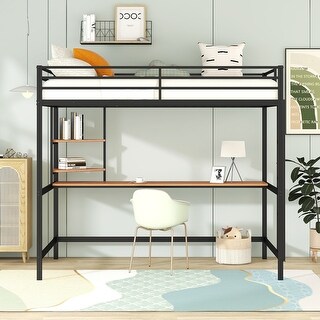 Useful Design Metal Loft Bed With Two Shelves and Built-in Dsek, Efficient space, Full Size