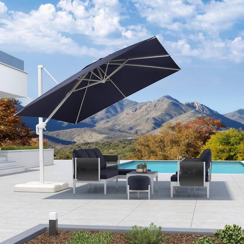 PURPLE LEAF 10 ft White Cantilever Patio Umbrella with 360 Degree Rotation - Navy Blue