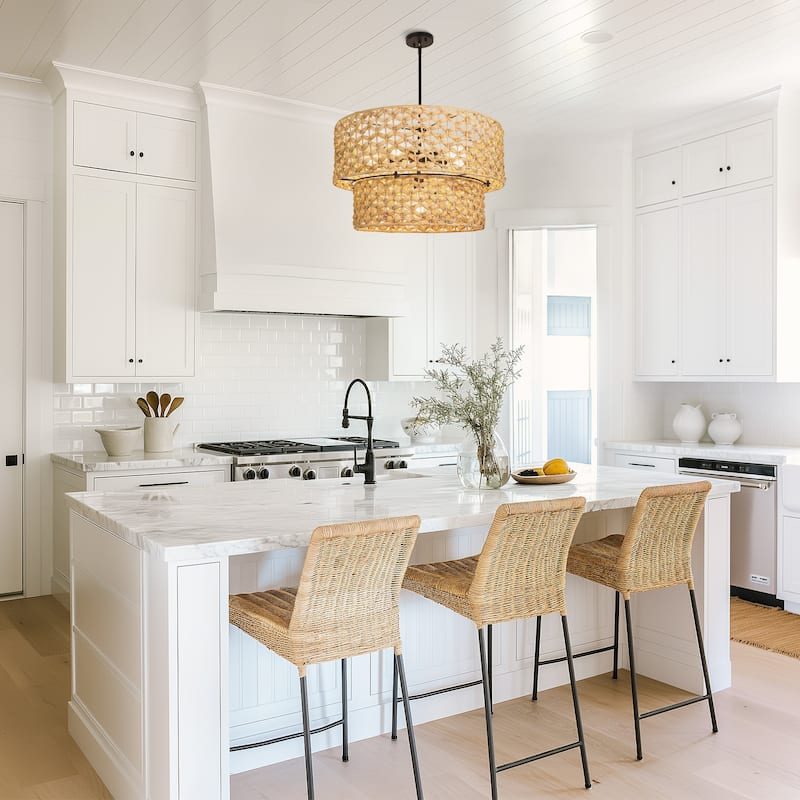 Ravy Farmhouse 6-Light Drum Rattan Chandelier Coastal Natural Pendant Light for Kitchen Dining Room - Dia. 26" x H 15.7"