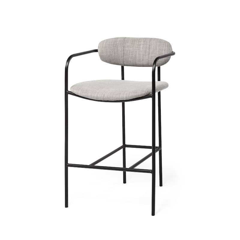 Light Grey Upholstered Counter Height Bar Chair with Black Metal Frame and Armrests - 21.26” L x 20.87” W x 35.83” H - Grey-Black