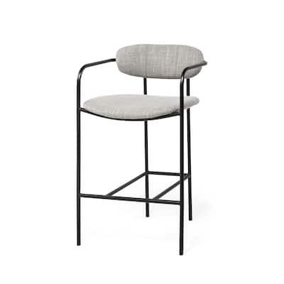 Light Grey Upholstered Counter Height Bar Chair with Black Metal Frame and Armrests - 21.26” L x 20.87” W x 35.83” H