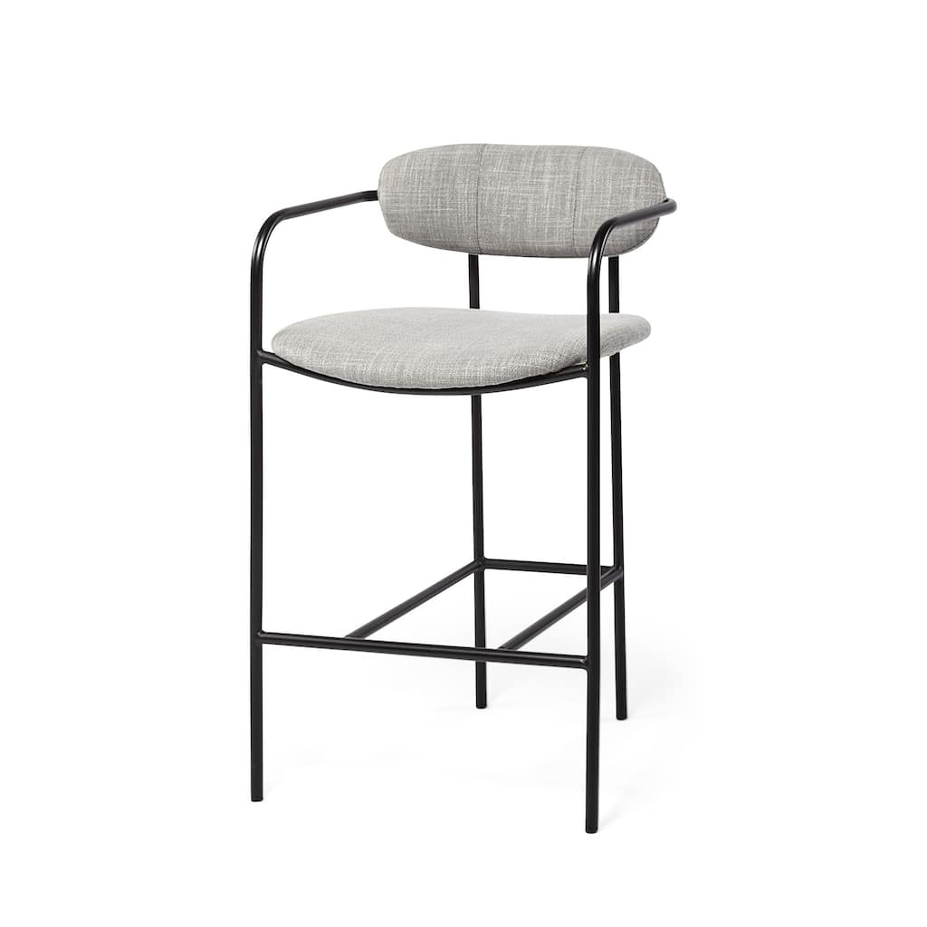 Light Grey Upholstered Counter Height Bar Chair with Black Metal Frame and Armrests - 21.26” L x 20.87” W x 35.83” H