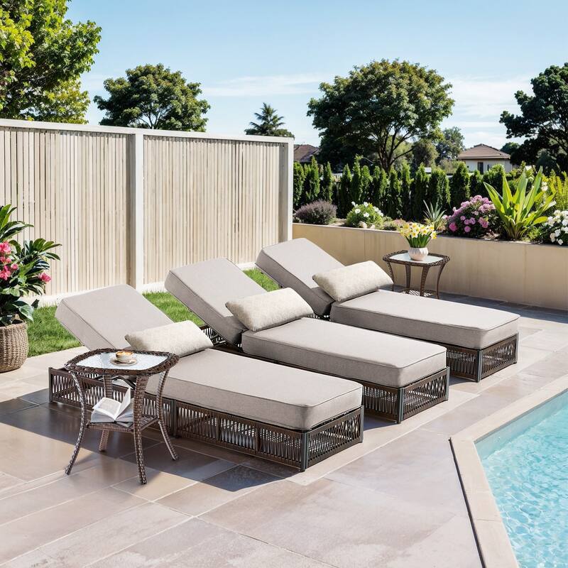 Pocassy Outdoor 5 Inch Reclining Chairs with 5 Adjustable Backrest - 5-Piece Brown Wicker Beige Cushion