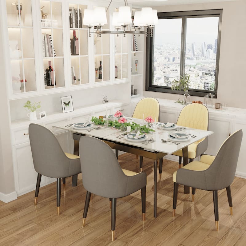Extendable Kitchen Sintered Stone Material Rectangle Dining Table - 62.9x31.5x31.1 inch - White+black