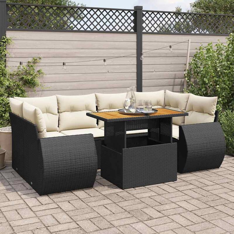 vidaXL Patio Sofa Set with Cushions Modular Lounge Set 7 Piece Poly Rattan - 21.7 x 39.4 x 28.7 - Black and cream with storage