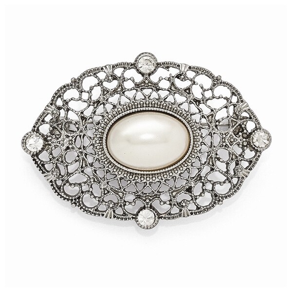 Silvertone Clear Glass and Simulated Pearl Oval Pin