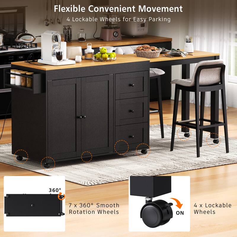 Multi-Functional 74.8" Kitchen Island with Extendable Table – 3 Drawers, Power Outlet & Mobile Design‌