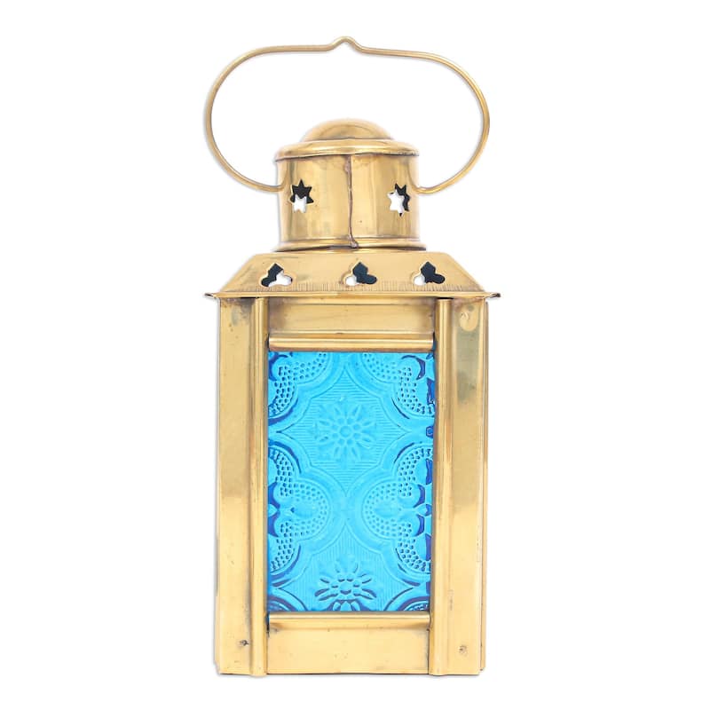 Novica Handmade Lantern In Blue Glass And Brass Tealight Holder